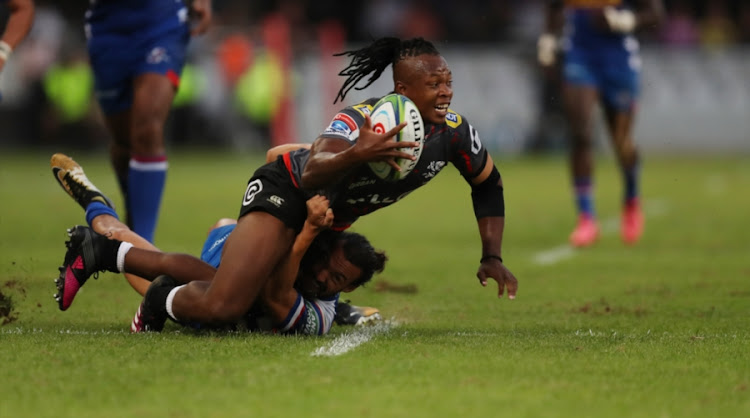 Sibusiso Nkosi of the Cell C Sharks crashes over during the Super Rugby match against the visiting DHL Stormers at Jonsson Kings Park on April 21, 2018 in Durban, South