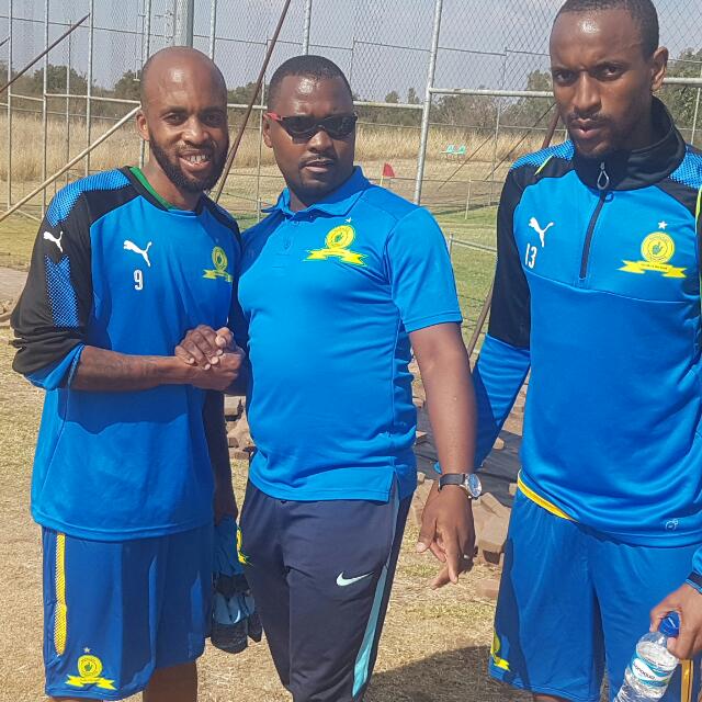 Mamelodi Sundowns midfielder Oupa Manyisa and Tiyani Mabunda during a training session in Phokeng.