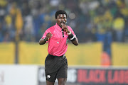 Referee Jelly Chavani during the DStv Premiership match between Moroka Swallows and Mamelodi Sundowns at Dobsonville Stadium on April 2024 in Johannesburg, South Africa.