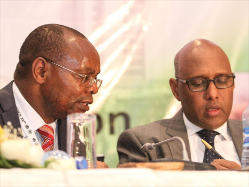 Kebs chief executive officer Charles Ongwae and Industrialisation CS Adan Mohamed during a food and safety briefing in Nairobi on January 16 /ENOS TECHE