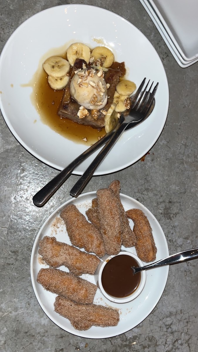 Churros and walnut banana bread pudding