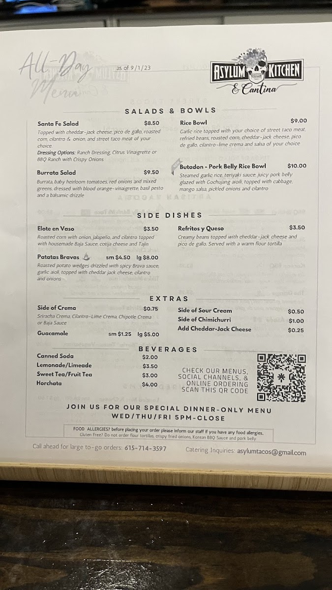 Asylum Kitchen & Cocktail Lounge gluten-free menu