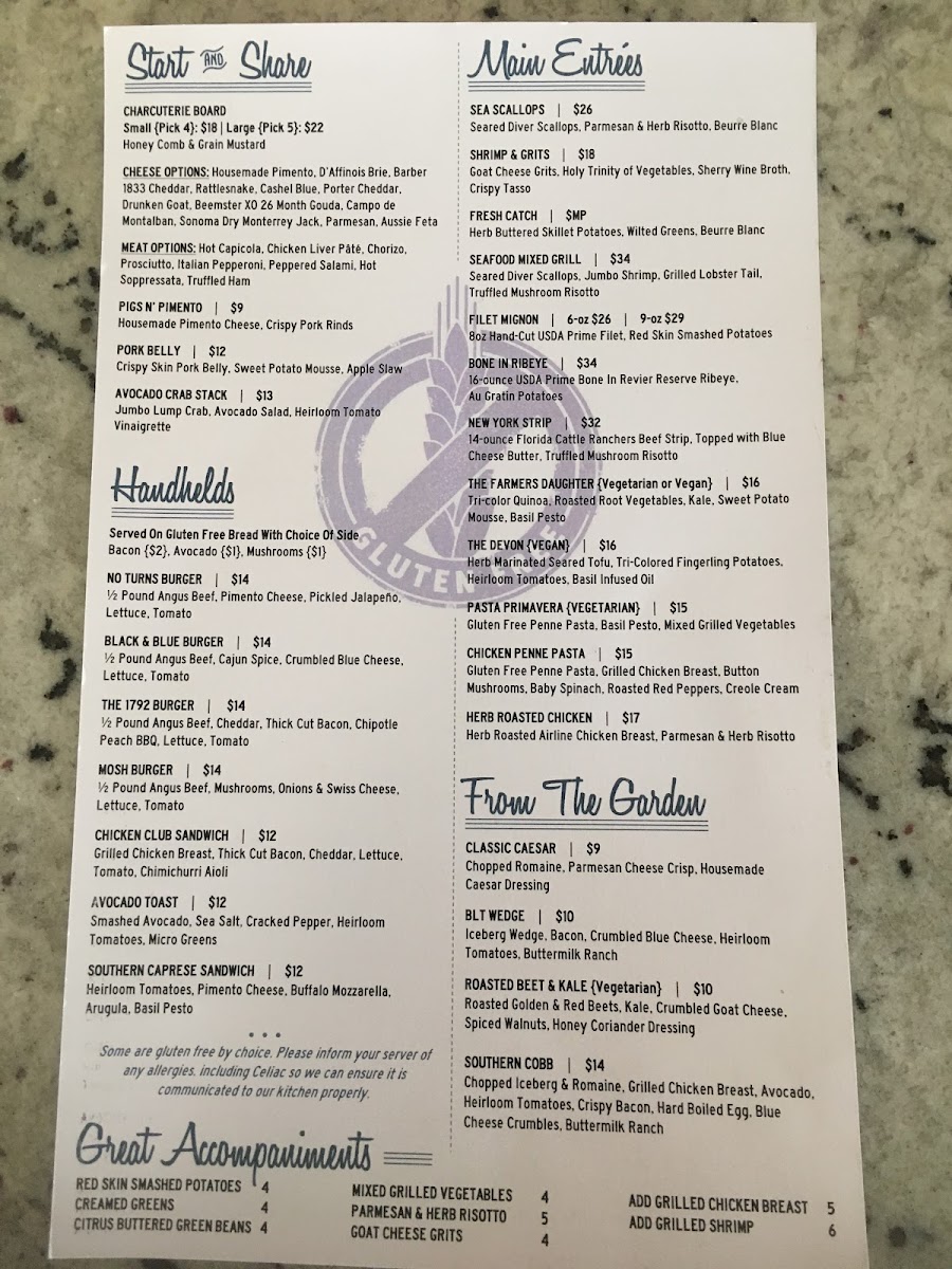 The Table Restaurant gluten-free menu