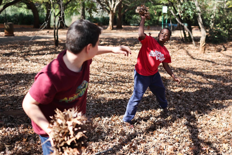 Ryan Gray (left) and Zach Jordi (right) play in leaves on May 26 2023 at the Johannesburg Botanical Gardens in Emmarentia. File image