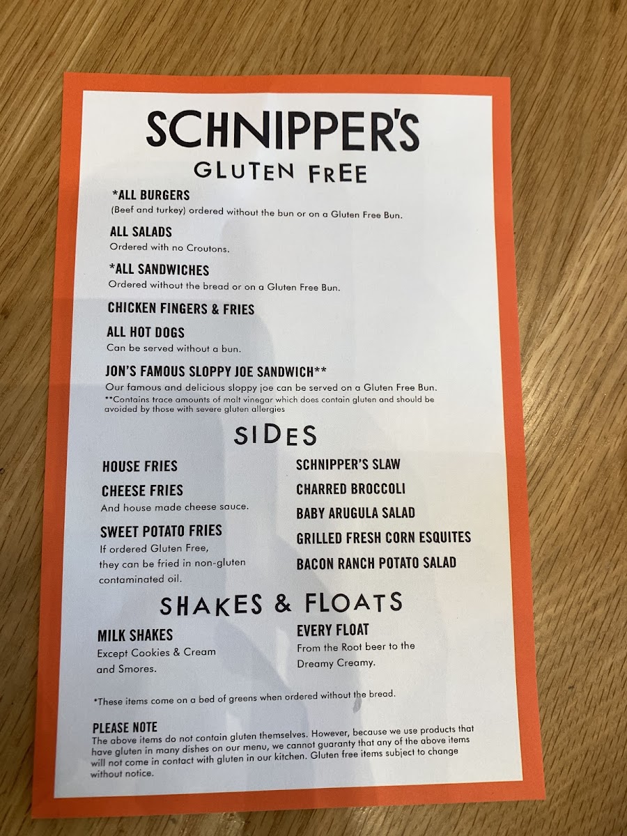 Schnipper's gluten-free menu