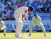 Stuart Broad of England is clean bowled by Kagiso Rabada of South Africa on day 1 of the second Test match at Newlands Cricket Stadium on Friday.