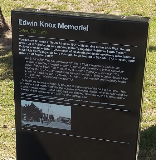Plaque reads: 'Cleve Gardens Edwin Knox drowned in South Africa in 1901 while serving in the Boer War. He had grown up in St Kilda but was working in the Toongabbie district in South Eastern...