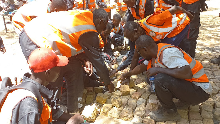 TVET trainees demonstrating masonry skills during the launch of recruitment drive to encourage eligible persons and youths to enroll for courses in Lodwar, Turkana county, September 1, 2023.