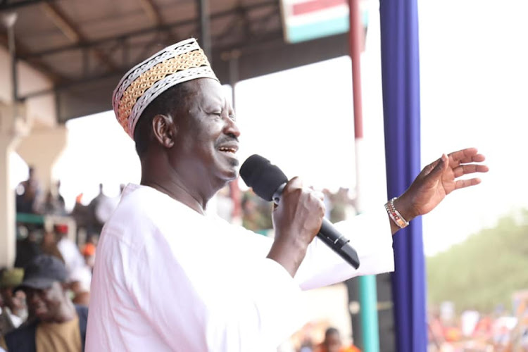 Azimio presidential candidate Raila Odinga addressing residents of Mandera at Moi stadium in June.
