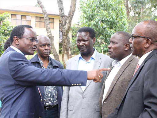 Wiper leader Kalonzo Musyoka, Makueni Governor Kivutha Kibwana, National Assembly minority leader and Kitui West MP Francis Nyenze and Kitui Central's Benson Makali following a press briefing in Karen, Nairobi, May 3, 2017. /VICTOR IMBOTO