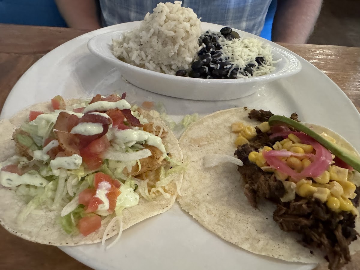 The Cheech, CBLT taco, rice, and beans