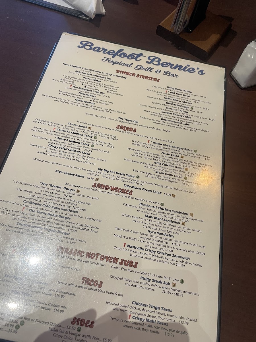 Barefoot Bernie's Tropical Grill & Bar gluten-free menu