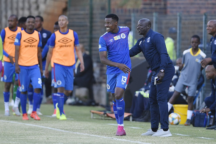 Thamsanqa Gabuza and SuperSport coach Kaitano Tembo celebrates a goal during the MTN 8, quarter final match between Bidvest Wits and SuperSport United at Bidvest Stadium on August 18, 2019 in Johannesburg, South Africa.