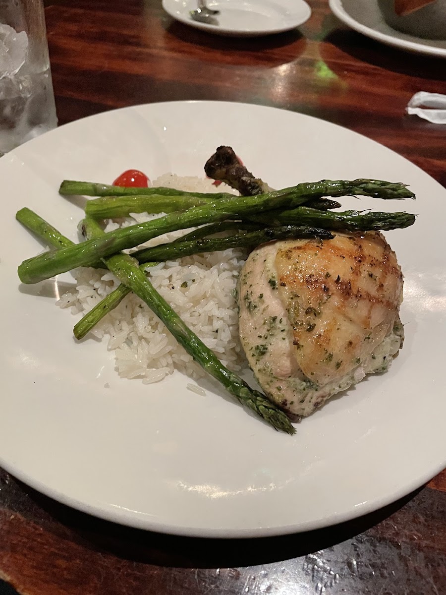 Herb chicken with rice and asparagus