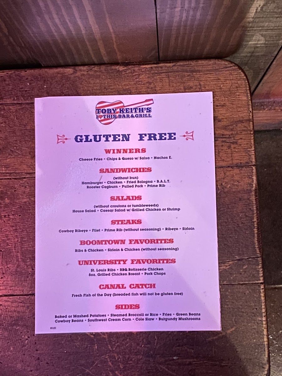 Toby Keith's I Love This Bar & Grill gluten-free menu