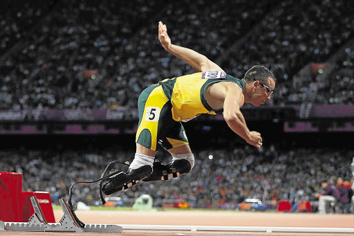 Oscar Pistorius starts on the blocks in the men's 400m semi-final on day nine of the London 2012 Olympic Games. File photo.