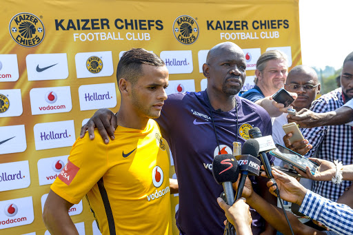 Kaizer Chiefs coach Steve Komphela introduces the team's new Venezuelan striker Gustavo Paez during the Kaizer Chiefs media open day at Naturena, Chiefs Village on February 02, 2017 in Johannesburg, South Africa.