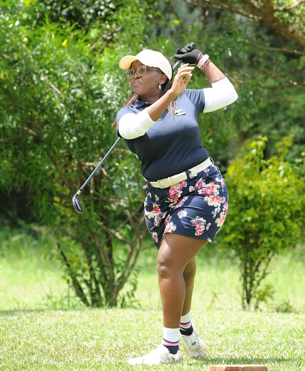 Consolata Maitha, a lecturer and captain of the MKU Parklands law campus and Golf team reacts during Wakili golf tournaments held at machakos golf club on April 16, 2024