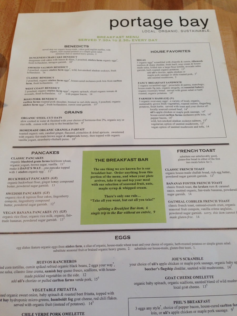 Portage Bay menu--many gluten free choices.