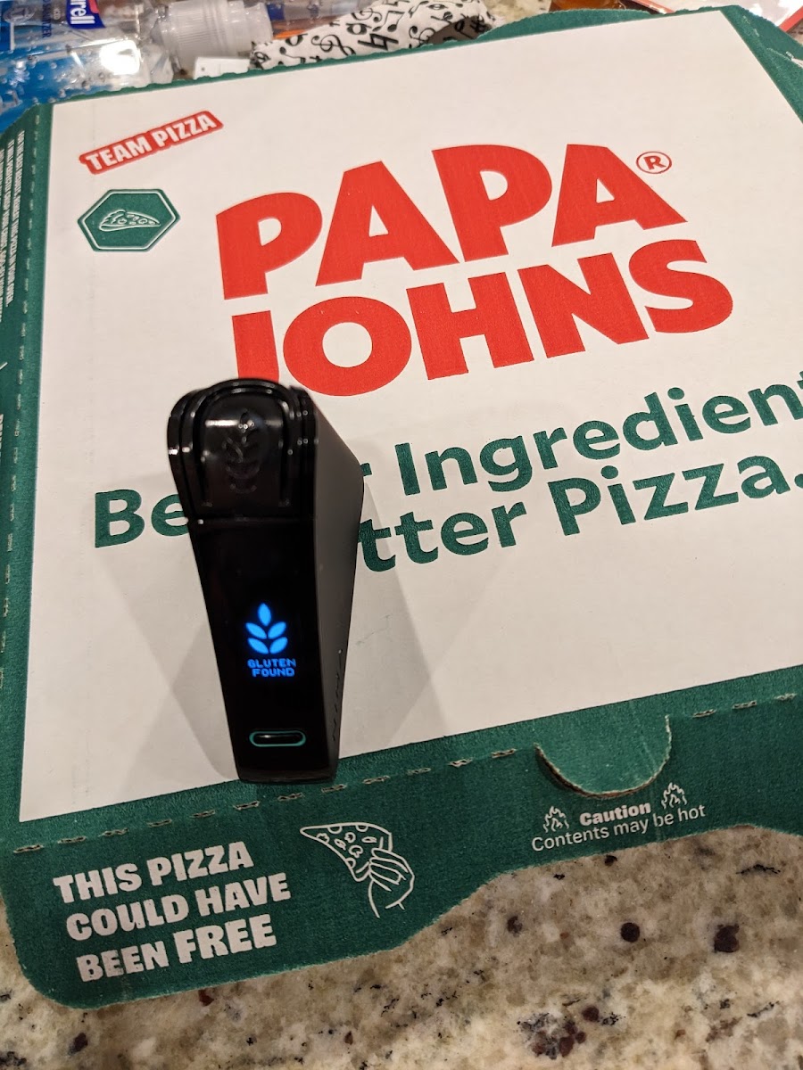 NimaPartners Gluten Sensor detected a lot of gluten in "gluten-free" pizza at Papa John's in Riverton.