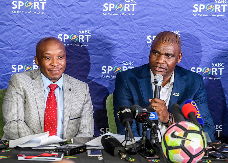 Bafana Bafana team manager Levy Ramajoe and coach Molefi Ntseki during the squad announcement at SABC Radio Park in Auckland Park on Thursday, March 12.