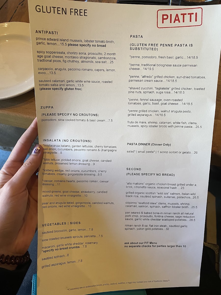 Gluten free menu