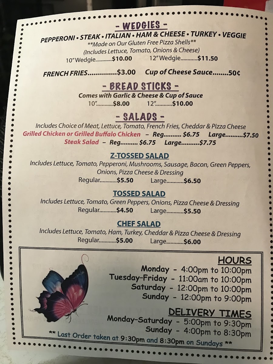 Zrebnys Pizza Shop gluten-free menu