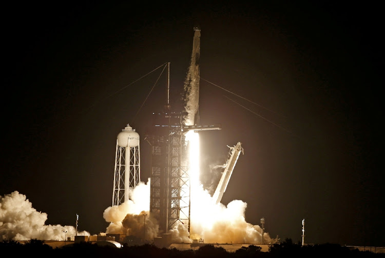 A SpaceX Falcon 9 rocket, with the Crew Dragon capsule, is launched carrying four astronauts on a NASA commercial crew mission at Kennedy Space Center in Cape Canaveral, Florida, September 15, 2021.