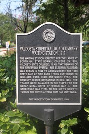 The waiting station erected for the ladies at South Ga. State Normal College (in 1950, Valdosta State College), is all that remains of the streetcar system. The electric railroad was begun in 1899...