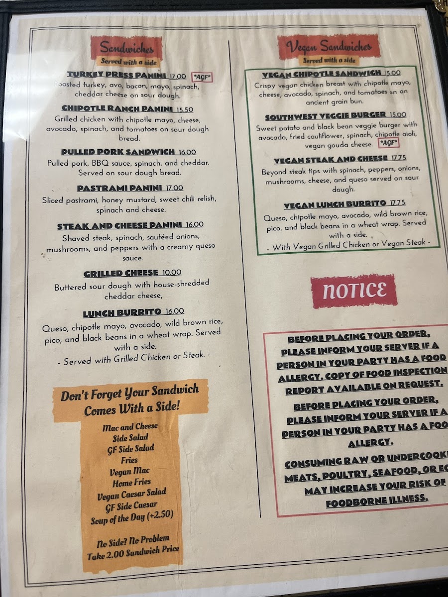 Root and Press gluten-free menu