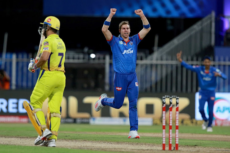 Anrich Nortje of Delhi Capitals celebrates taking the wicket of MS Dhoni (Chennai Super Kings) in an Indian Premier League match