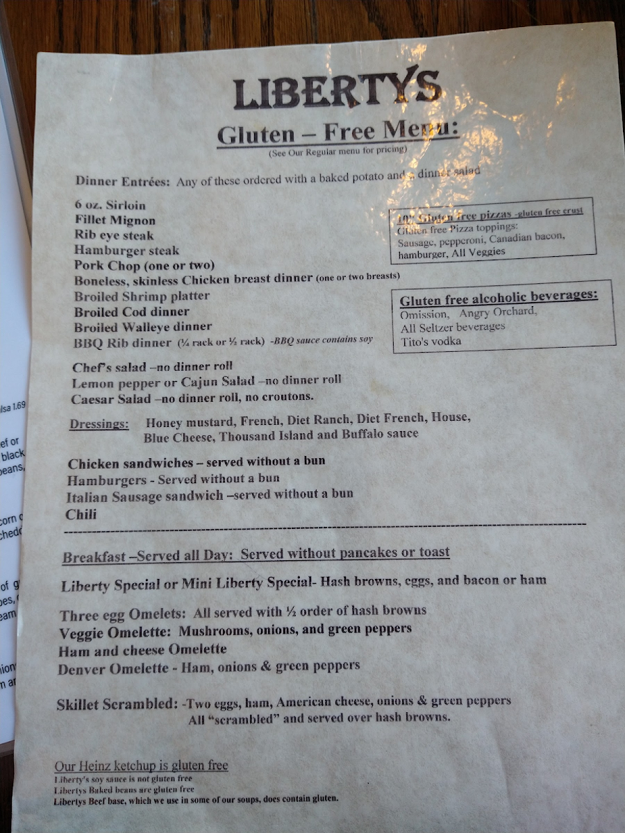 gluten free menu