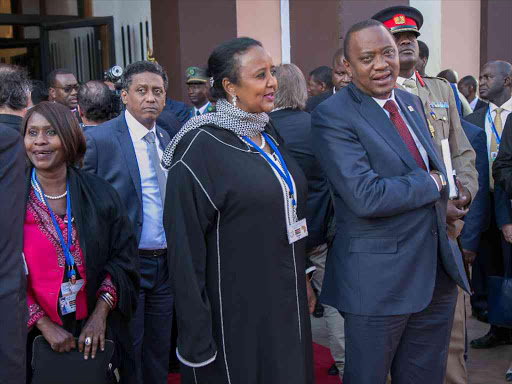 President Uhuru Kenyatta and Cabinet Secretaries Amina Mohamed and Prof. Judy Wakhungu at Marrakeh, Morocco where he attended the Africa Action Summit yesterday.Photo PSCU
