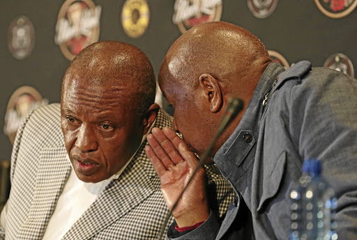 MORAL DILEMMAIrvin Khoza, chairman of Orlando Pirates, and Kaizer Motaung, chairman of Kaizer Chiefs, at a press conference yesterdayPicture: Muzi Ntombela/BackpagePix