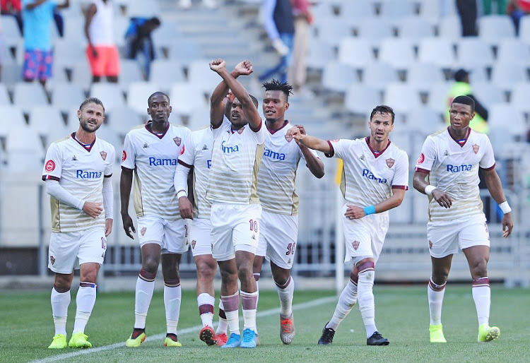 Stellenbosch FC players celebrate a goal scored by Iqraam Rayners during the Absa Premiership 2019/20 game between Stellenbosch FC and Orlando Pirates at Cape Town Stadium on 26 October 2019