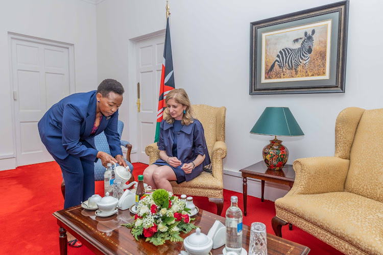 Kenya's First Ladies Mama Rachel Ruto serving her Italian counterpart Laura Mattarella tea at State House Nairobi