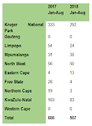 The number of rhinos poached in South Africa between January and August in 2017 and 2018