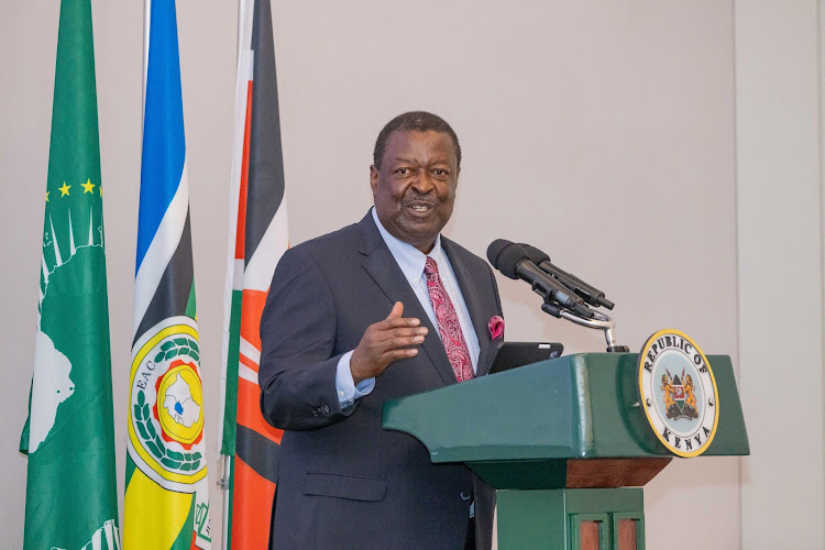 Prime Cabinet Secretary and CS Foreign and Diaspora Affairs Musalia Mudavadi speaking during a meeting with the African diplomatic corps in Nairobi on March 4, 2024.