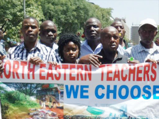 Mandera, Garissa and Wajir teachers march to seek audience with members of the Parliamentary Committee on Education on February 3, 2015 / PATRICK VIDIJA