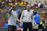 Kaizer Chiefs head coach Ernst Middendorp (R) in a discussion with his assistant Shaun Bartlett (R) during the Absa Premiership match against Mamelodi Sundowns at FNB Stadium on January 05, 2019 in Johannesburg.    