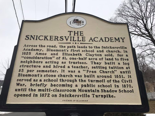 THE SNICKERSVILLE ACADEMY Across the road, the path leads to the Snickersville Academy, Bluemont's first school and church. In 1825 Amos and Elizabeth Clayton sold, for a "consideration" of $1,...