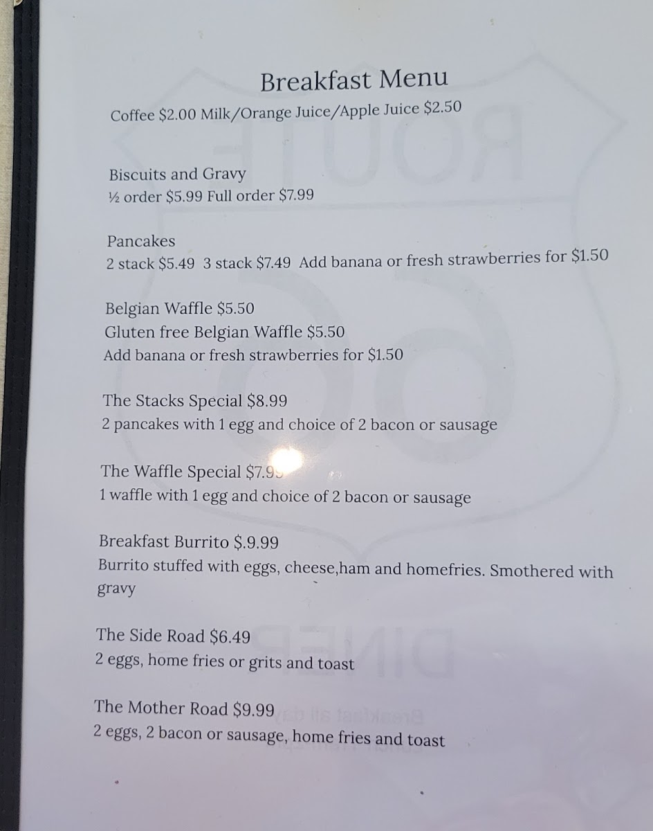 Route 66 Diner gluten-free menu