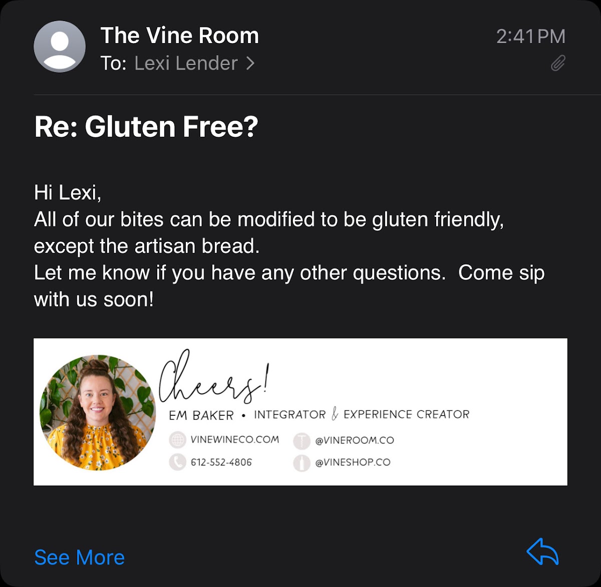The Vine Room gluten-free menu