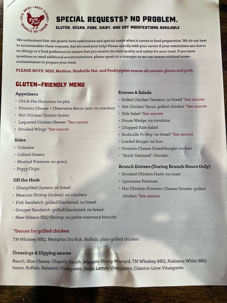 Party Fowl gluten-free menu