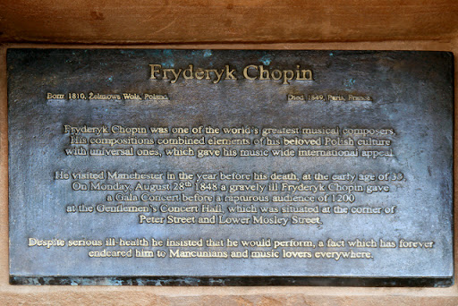 The plaque on SJ8398 : Fryderyk Chopin Statue, Deansgate (See also SJ8398 : Chopin and Piano, Deansgate) Fryderyk Chopin Born 1810, Żelazowa Wola, Poland Died 1849, Paris, France Fryderyk Chopin...