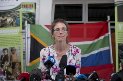 Yolande Korkie during a press conference on January 16, 2014, in Johannesburg, South Africa. Korkie and her husband, Pierre, were taken hostage by al-Qaeda in Yemen, in May 2013. File photo