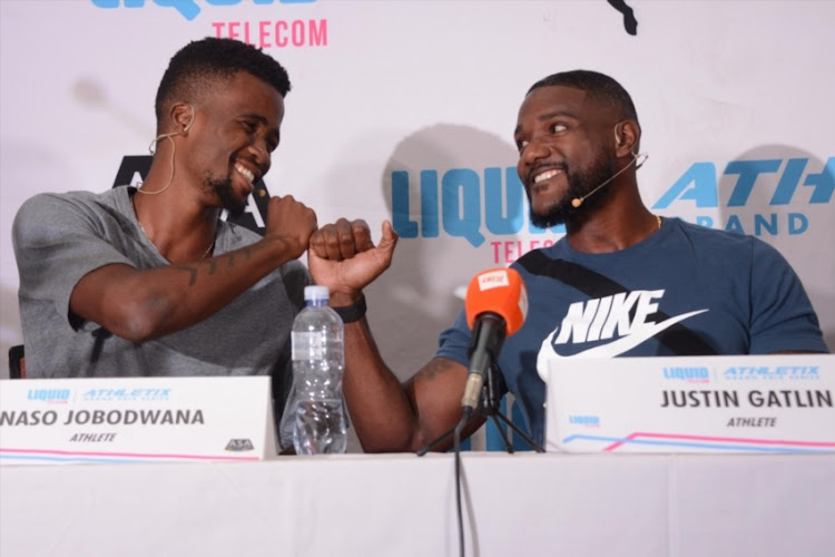 South African athlete Anaso Jobodwana and American sprinter Justin Gatlin during a media conference at the Premium Hotel on March 07, 2018 in Pretoria, South Africa. Gatlin, the reigning world 100m champion, will participate in the second leg of the inaugural Liquid Telecom Athletix Grand Prix in Pretoria on Thursday March 08, 2018.