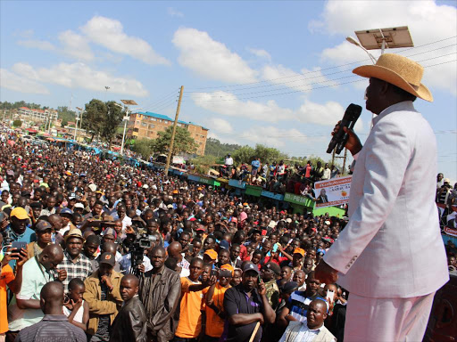 Cord leader Raila Odinga addresses a rally in Keroka, Kitutu Masaba constituency, on June 26 / ANGWENYI GICHANA