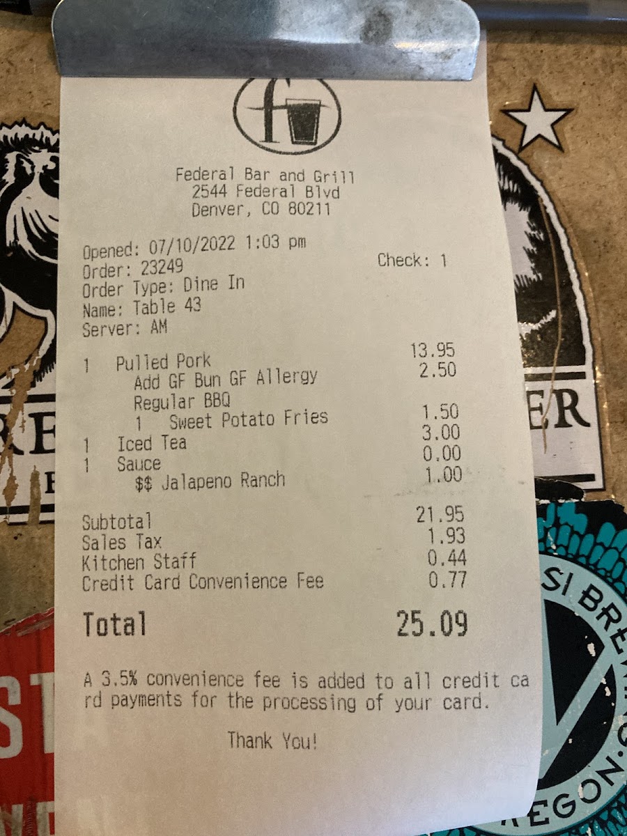 Kitchen tip, 3.5% tax, charge for ranch with my fries..ridiculous!