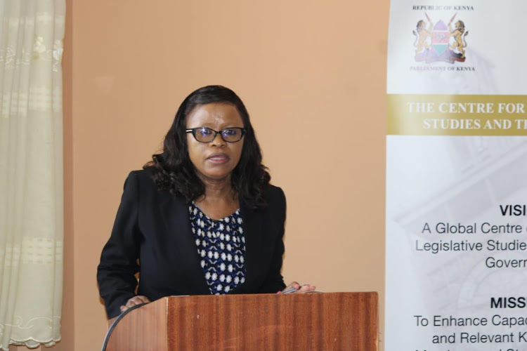National Assembly Deputy Clerk Serah Kioko during the opening session of a training for the Kenya Parliamentary Journalists’ Association (KPJA) Members at the Kenya School of Government, in Lower Kabete on February 16, 2024.